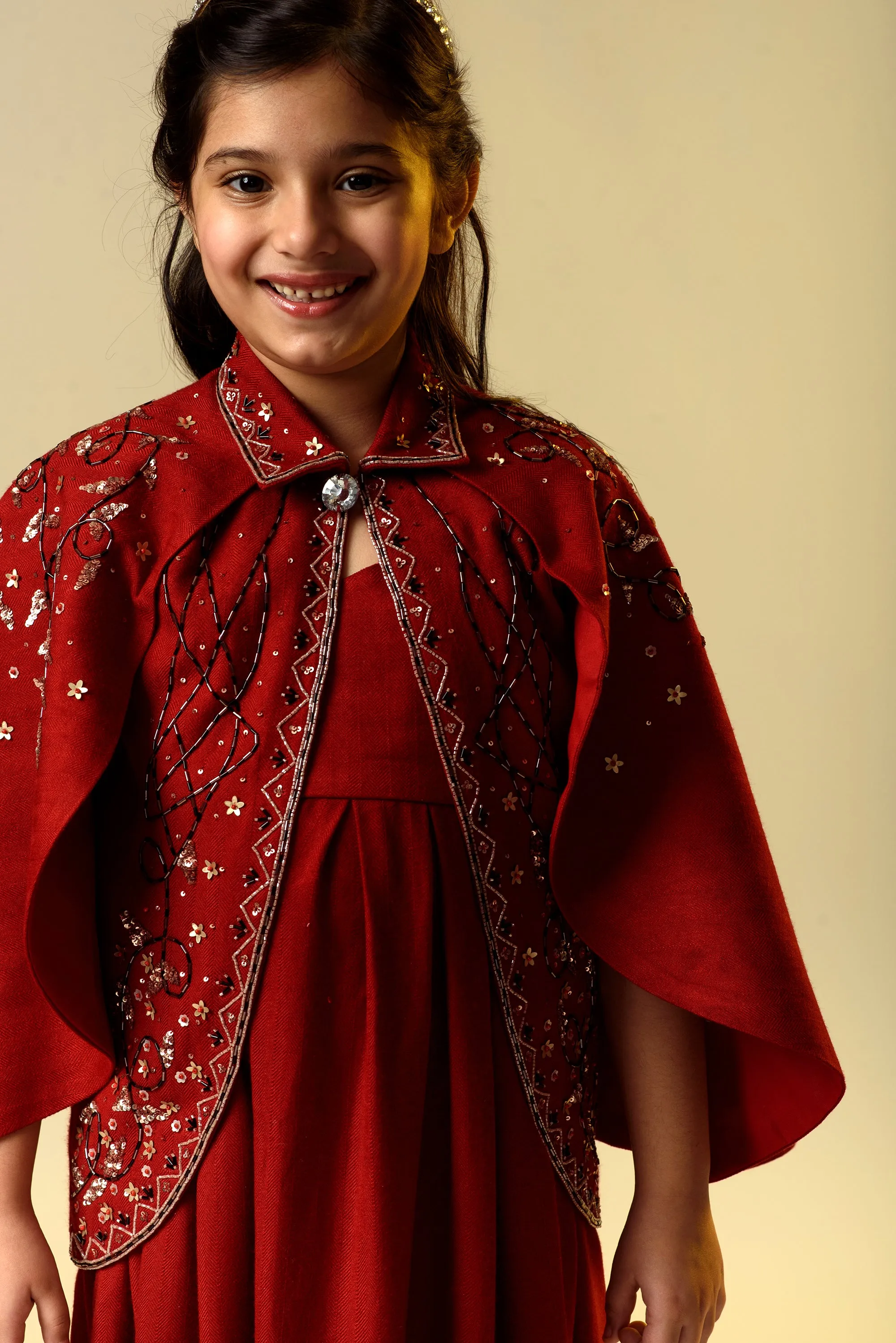 Rosy Finch- Double Flared Red Embroidered Jacket With Long Woollen Dress For Girls