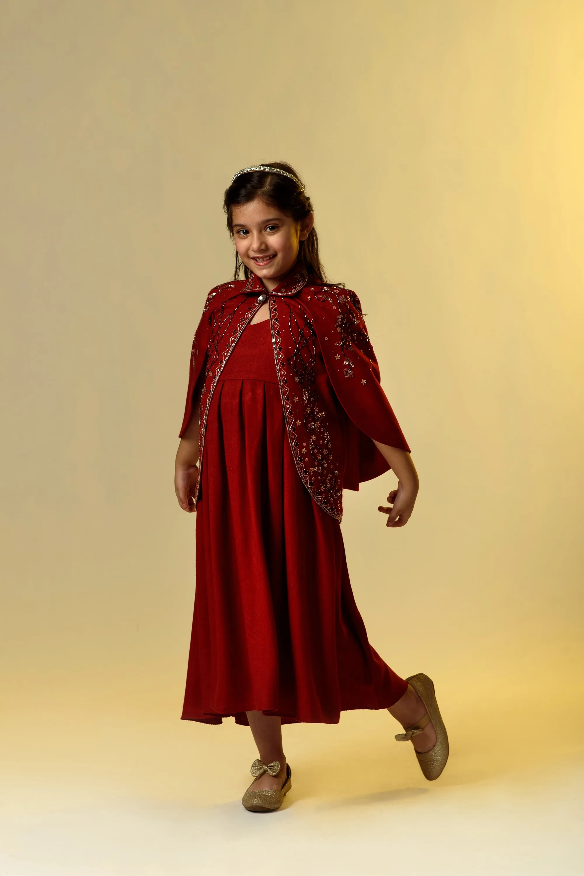 Rosy Finch- Double Flared Red Embroidered Jacket With Long Woollen Dress For Girls