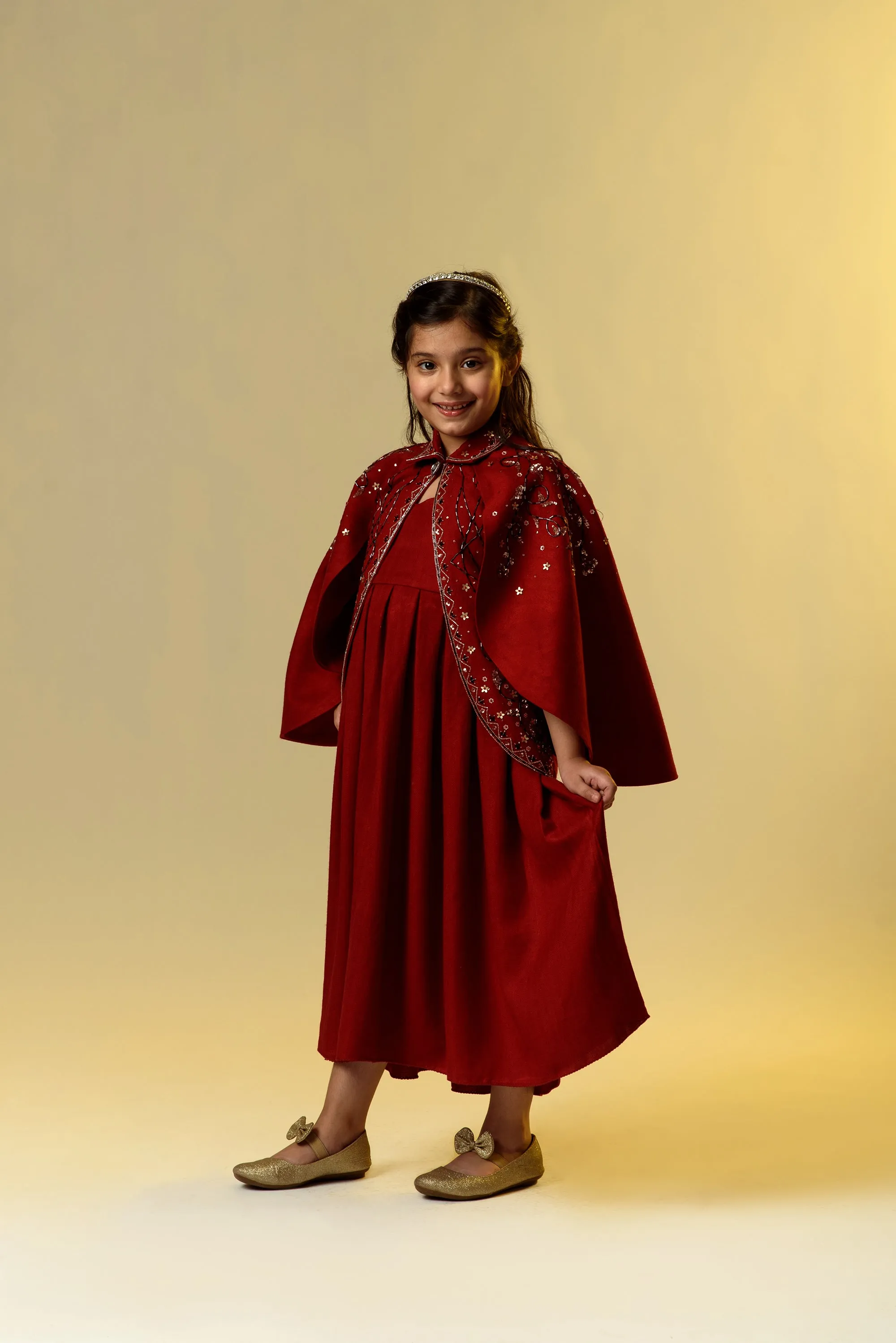 Rosy Finch- Double Flared Red Embroidered Jacket With Long Woollen Dress For Girls