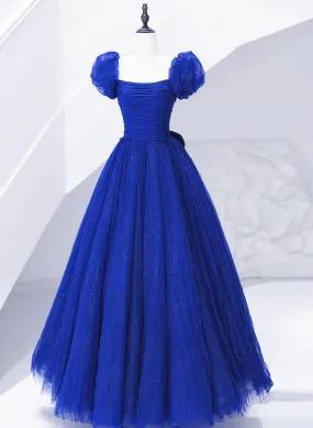 Royal Blue Scoop Tulle Short Sleeves Long Prom Dress, Royal Blue A-line Party Dress