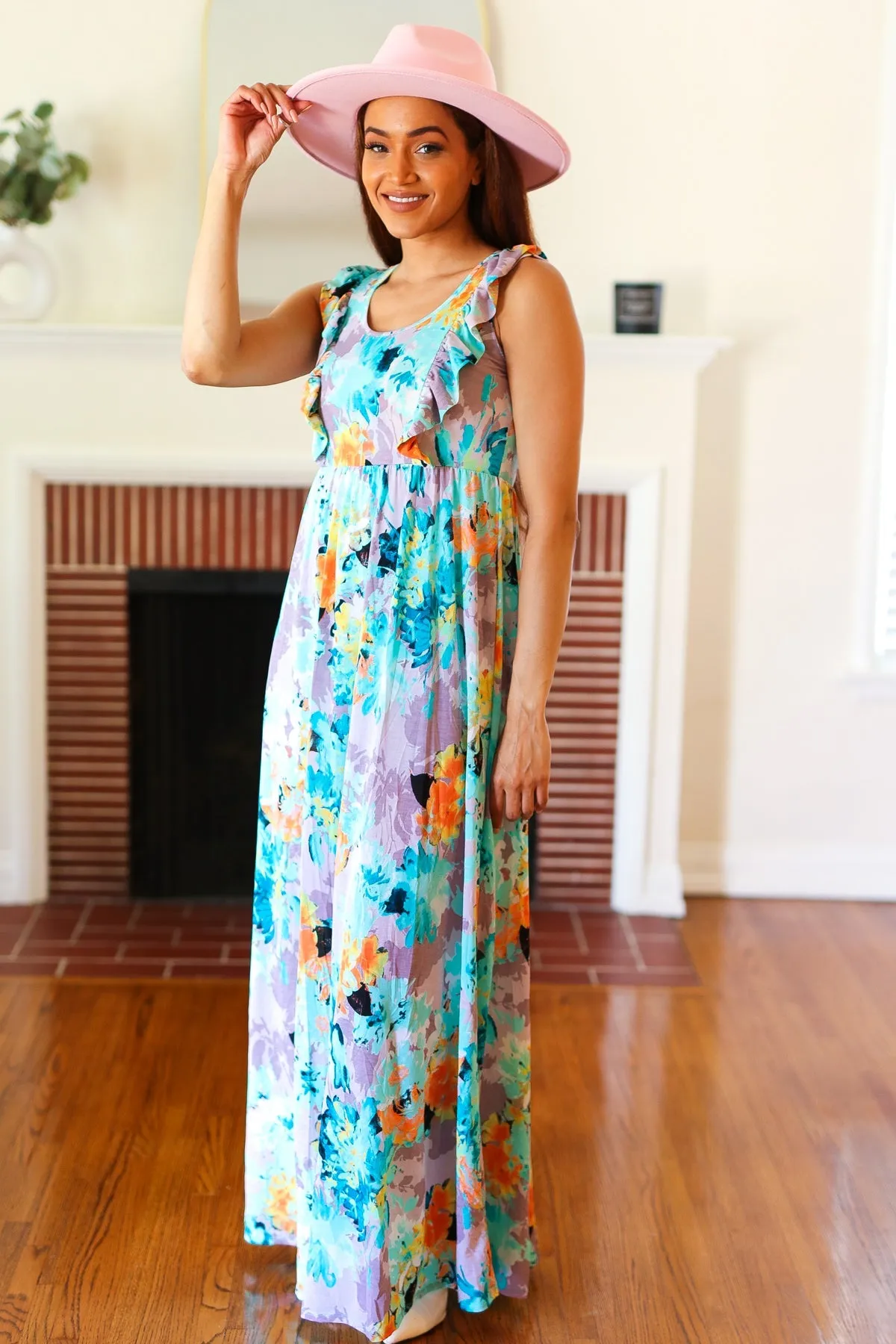 Seafoam Floral Print Ruffle Maxi Dress