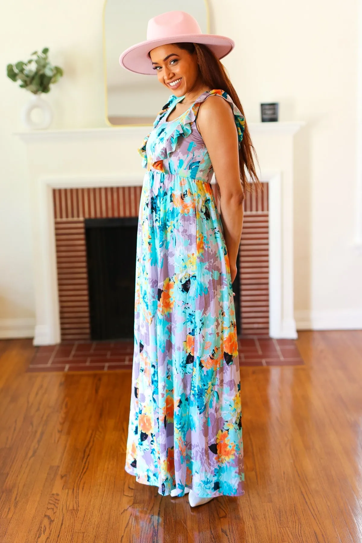 Seafoam Floral Print Ruffle Maxi Dress