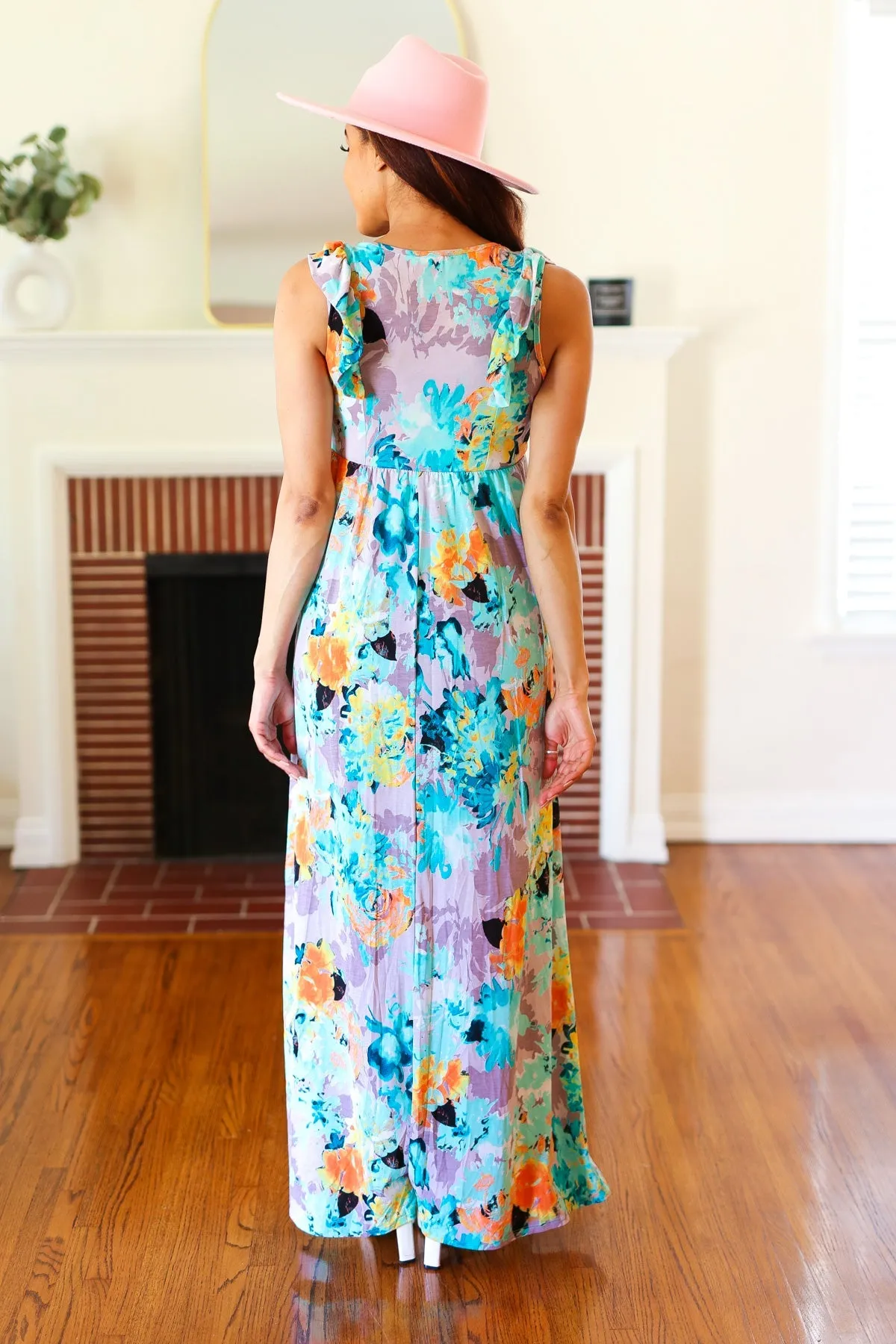 Seafoam Floral Print Ruffle Maxi Dress