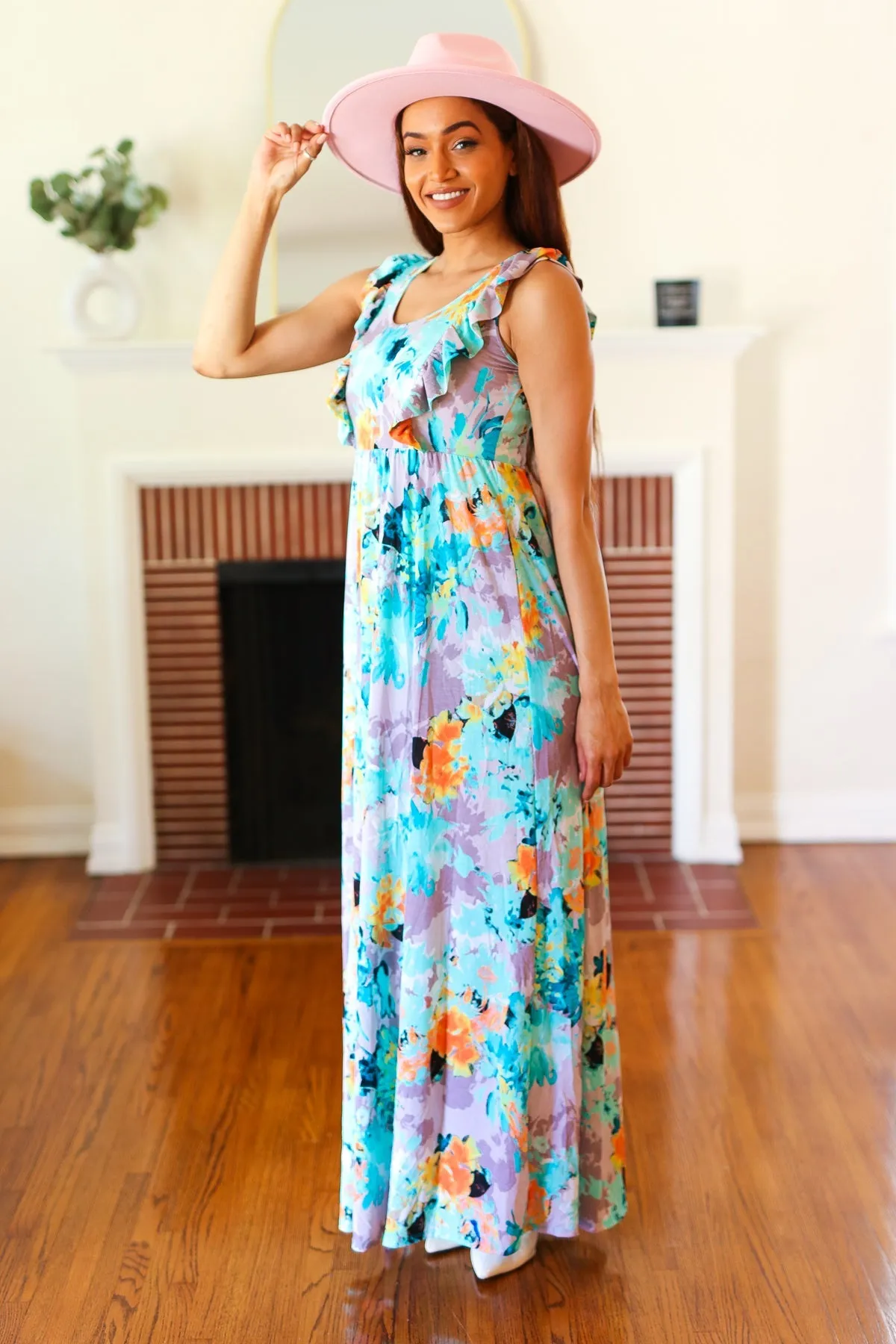 Seafoam Floral Print Ruffle Maxi Dress