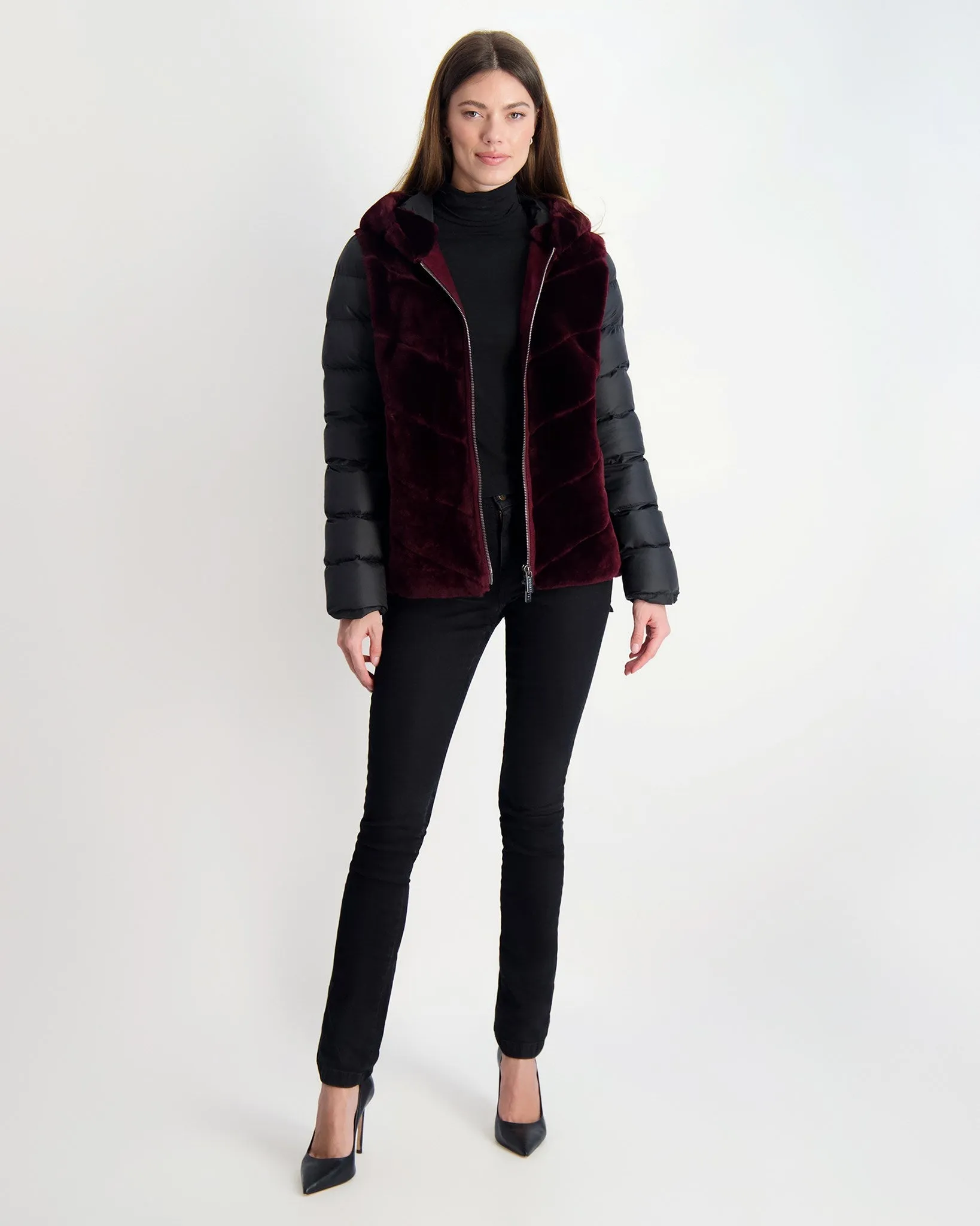 Select Shearling Lamb Chevron Parka with Quilted Sleeves and Back