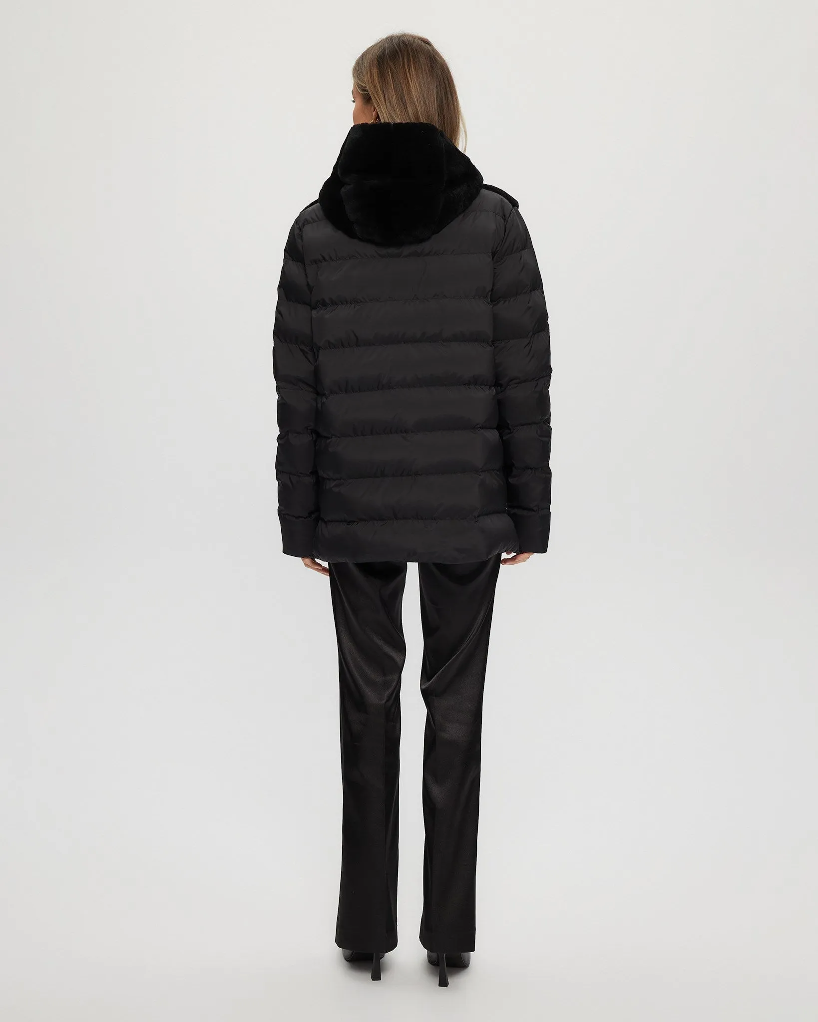 Select Shearling Lamb Chevron Parka with Quilted Sleeves and Back