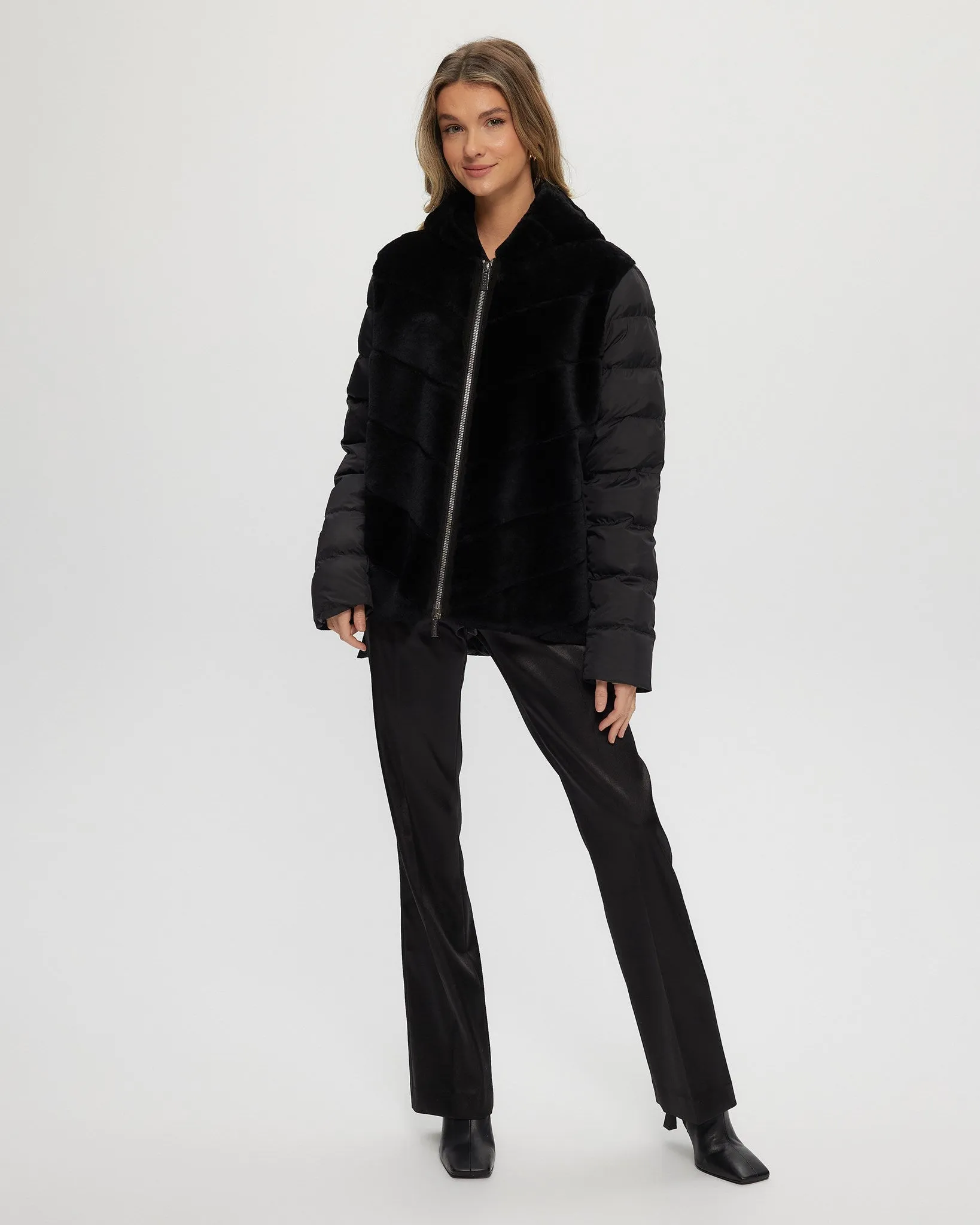 Select Shearling Lamb Chevron Parka with Quilted Sleeves and Back