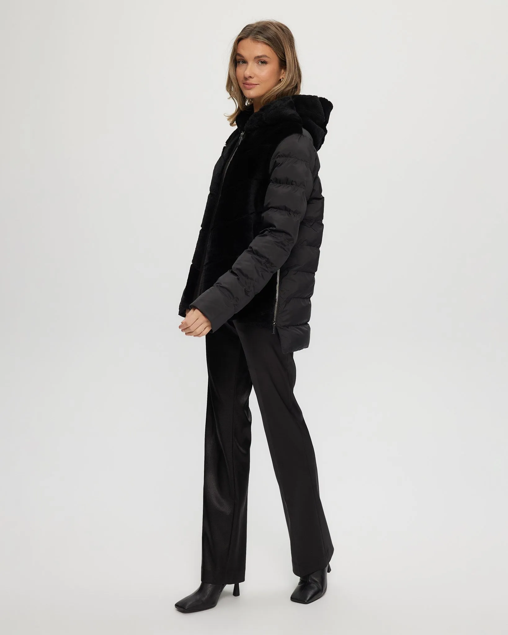 Select Shearling Lamb Chevron Parka with Quilted Sleeves and Back