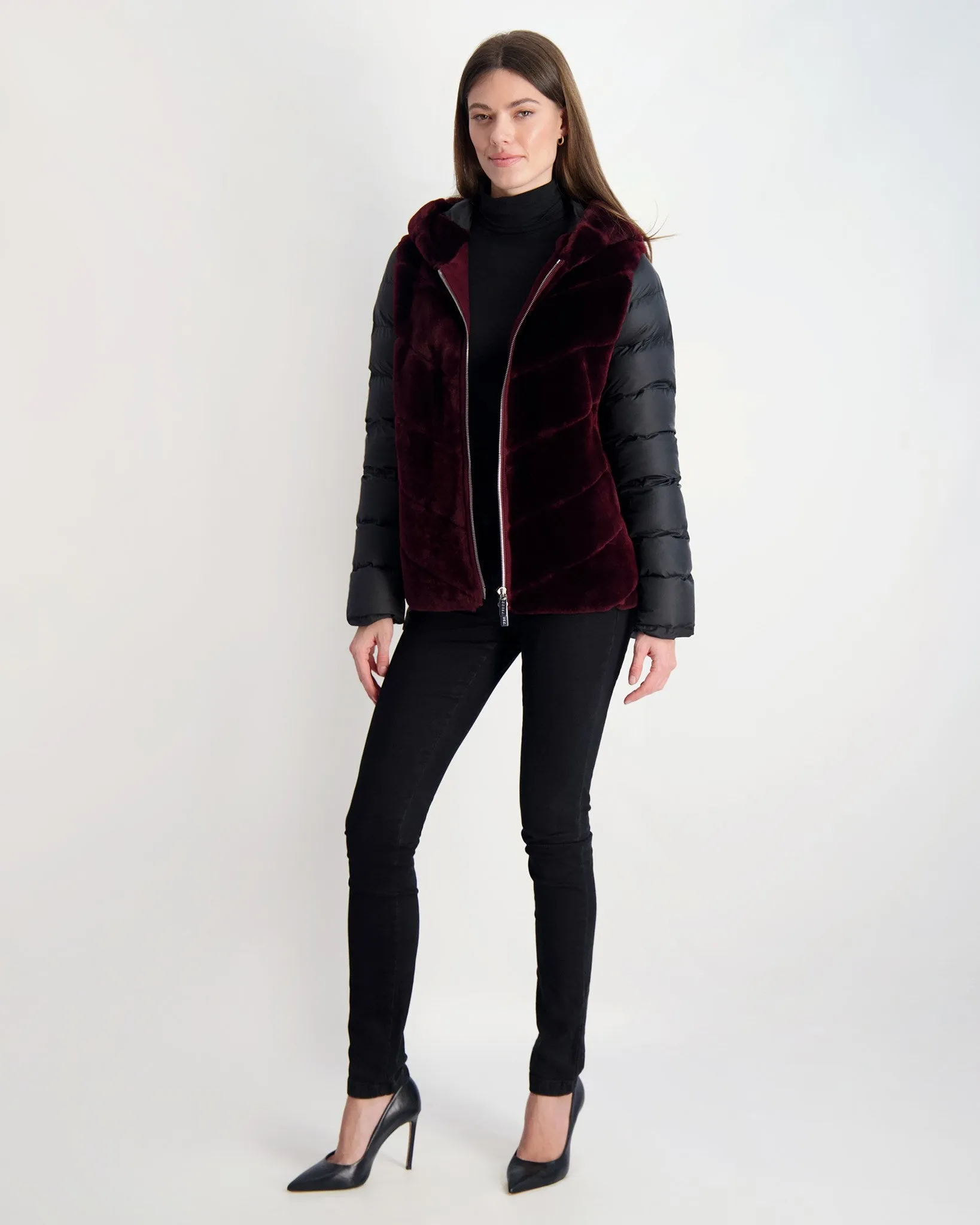 Select Shearling Lamb Chevron Parka with Quilted Sleeves and Back