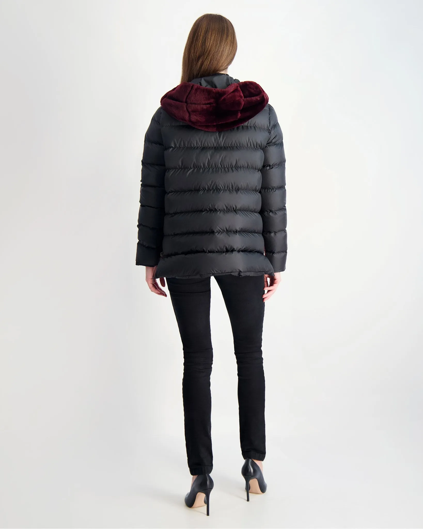 Select Shearling Lamb Chevron Parka with Quilted Sleeves and Back