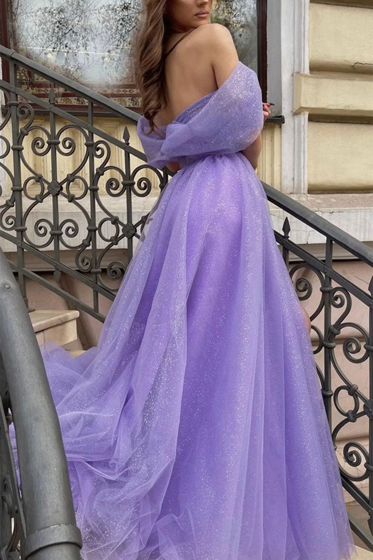 Shiny Sequins Tulle Off Shoulder Purple Long Prom Dress with High Slit, Off the Shoulder Purple Formal Dress, Purple Evening Dress A1418