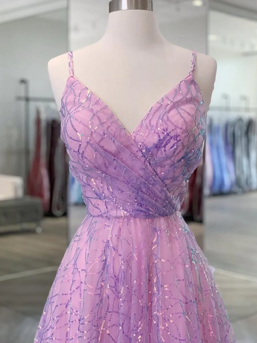 Shiny V Neck Backless Lilac Prom with Straps, Backless Lilac Formal, Purple Evening