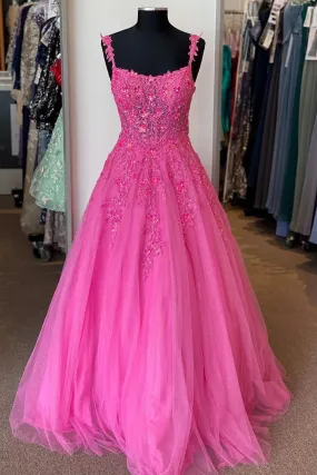 Simple Pink Lace Floral Long Prom Dress, Pink Formal Dress with Lace Appliques, Pink Evening Dress A2043