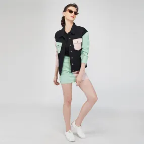 SLAY. Women's Flap Pocket Colorblock Cord Denim Jacket & Skirt Set