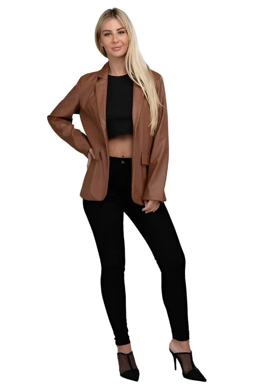 Sleek Pu Leather Blazer with Front Closure