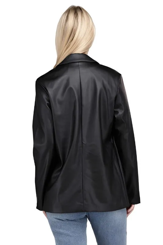 Sleek Pu Leather Blazer with Front Closure