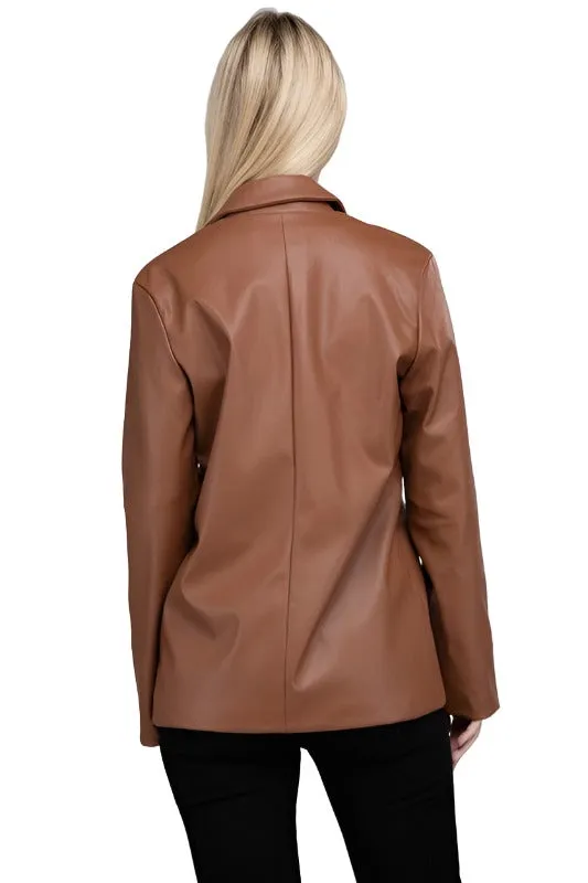 Sleek Pu Leather Blazer with Front Closure