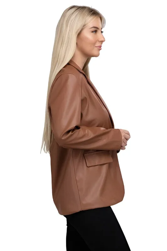 Sleek Pu Leather Blazer with Front Closure