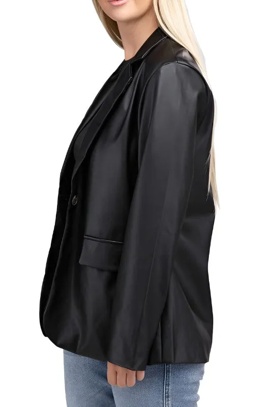 Sleek Pu Leather Blazer with Front Closure