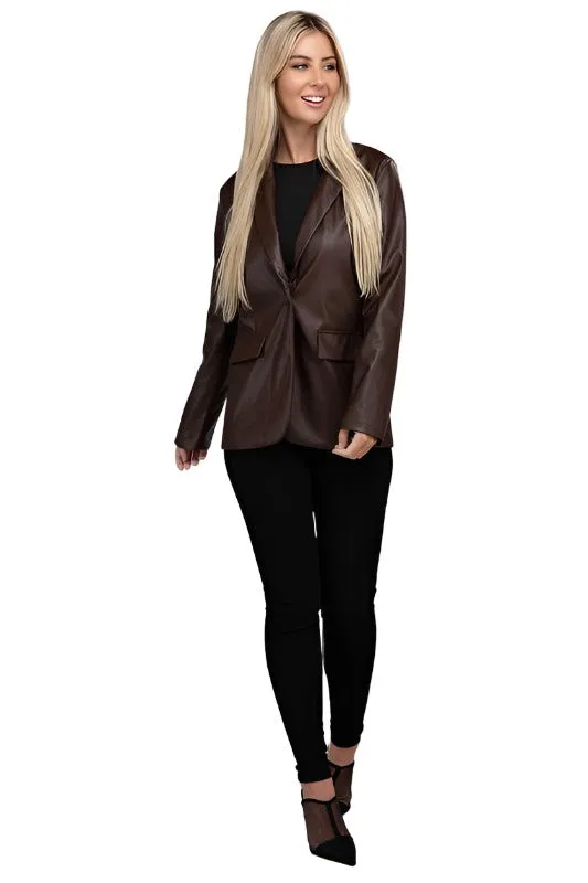 Sleek Pu Leather Blazer with Front Closure