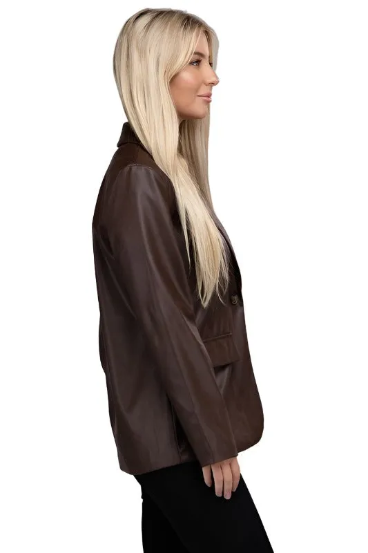 Sleek Pu Leather Blazer with Front Closure