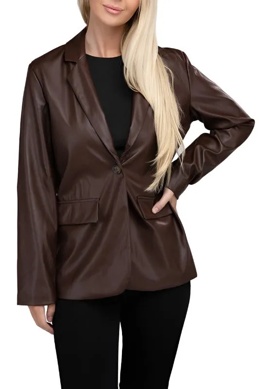 Sleek Pu Leather Blazer with Front Closure