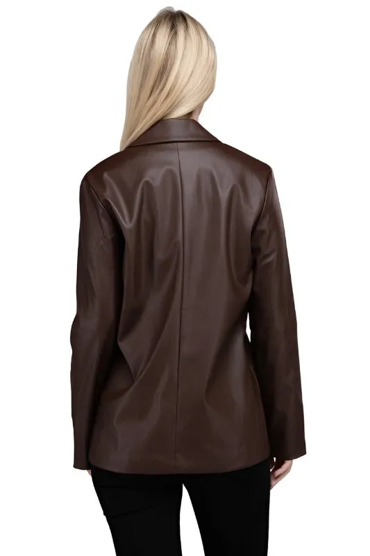 Sleek Pu Leather Blazer with Front Closure