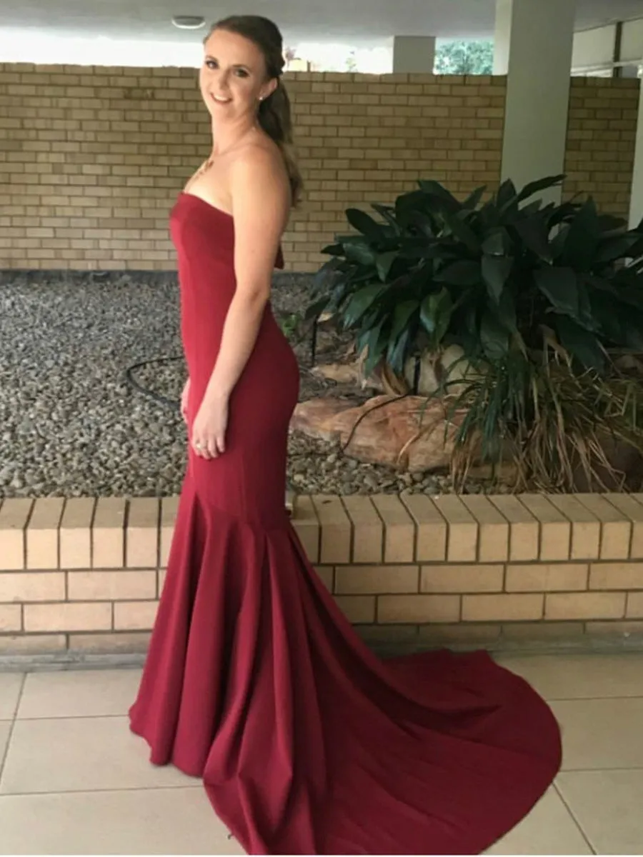 Strapless Mermaid Burgundy Prom with Sweep Train, Strapless Mermaid Burgundy Bridesmaid, Mermaid Burgundy Formal Graudation Evening