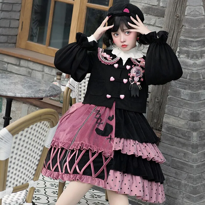 Strawberry Bomb ~ Sweet Color Block Lolita JSK Dress with Long Sleeve Jacket