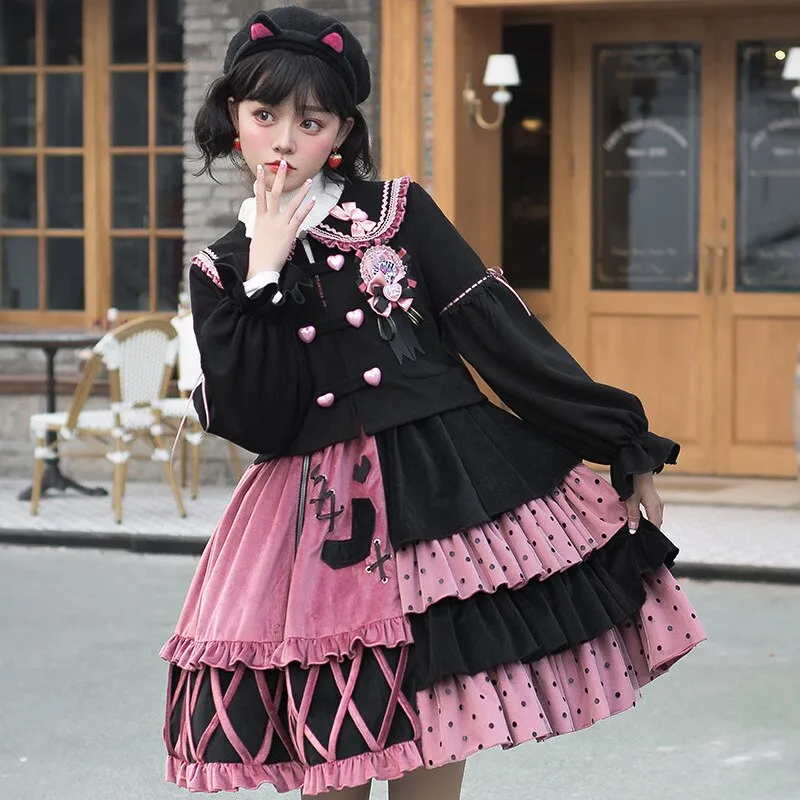 Strawberry Bomb ~ Sweet Color Block Lolita JSK Dress with Long Sleeve Jacket