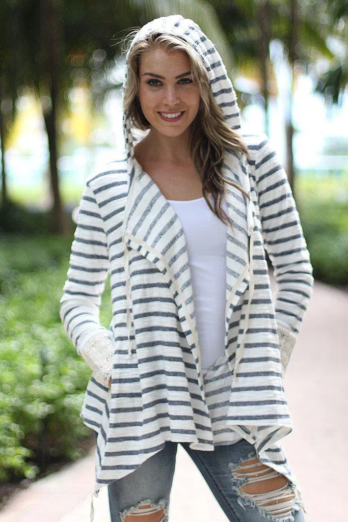 Striped Hooded Cardigan With Crochet Detail