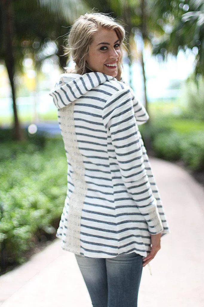 Striped Hooded Cardigan With Crochet Detail