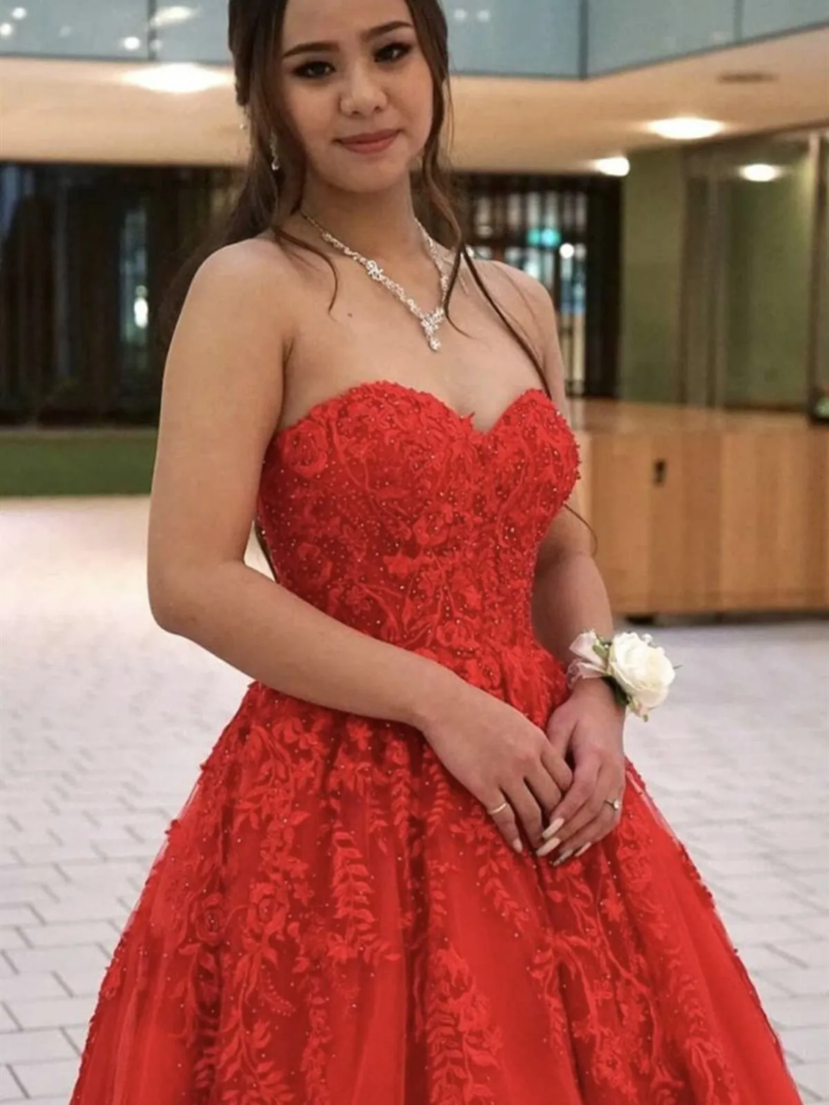 Sweetheart Neck Beaded Red Lace Long Prom Dresses, Strapless Red Formal Evening Dresses, Red Lace Ball Gown