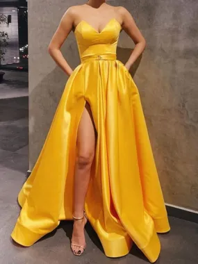 Sweetheart Neck Strapless Yellow Satin Long Prom, Yellow Satin Long Formal Graduation Evening