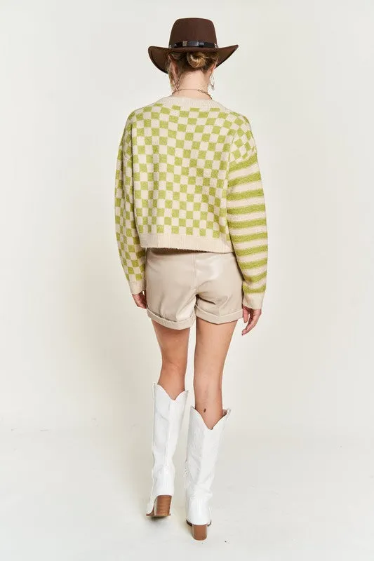 TEEK - Contrast Checkered Stripe Sweater Cardigan