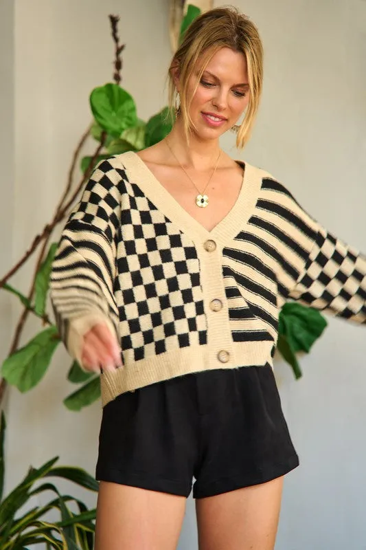 TEEK - Contrast Checkered Stripe Sweater Cardigan