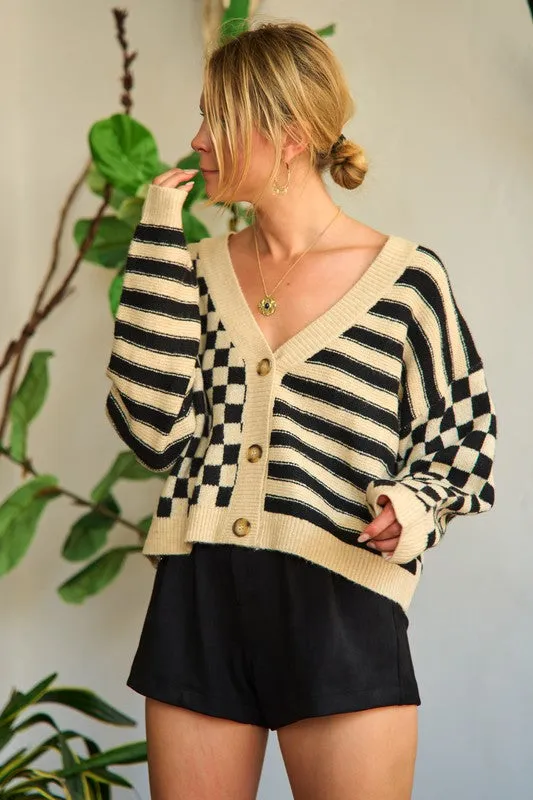 TEEK - Contrast Checkered Stripe Sweater Cardigan