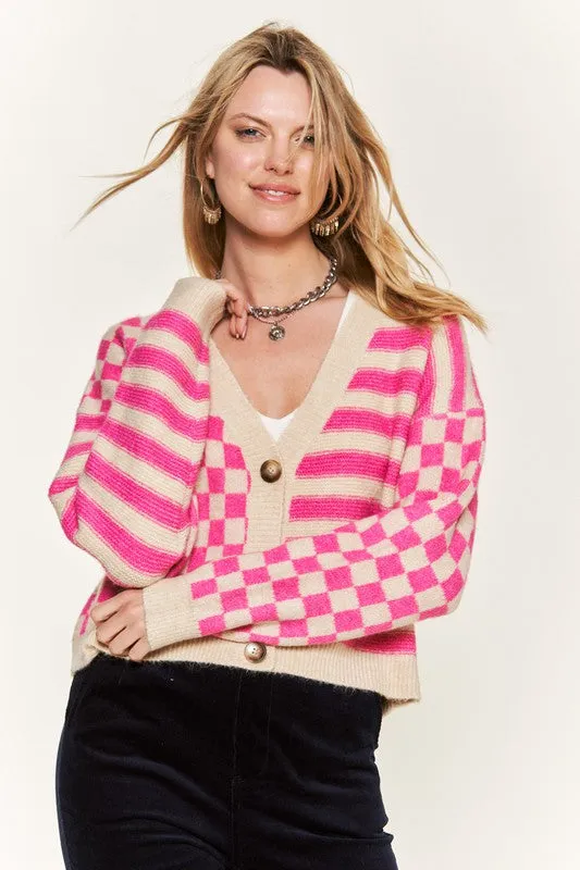 TEEK - Contrast Checkered Stripe Sweater Cardigan