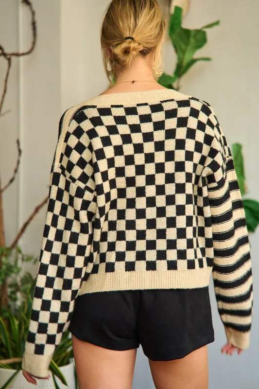 TEEK - Contrast Checkered Stripe Sweater Cardigan