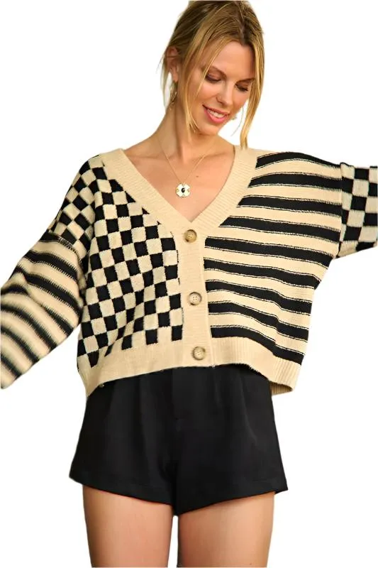 TEEK - Contrast Checkered Stripe Sweater Cardigan