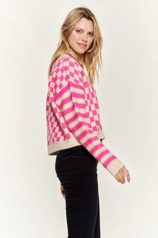 TEEK - Contrast Checkered Stripe Sweater Cardigan