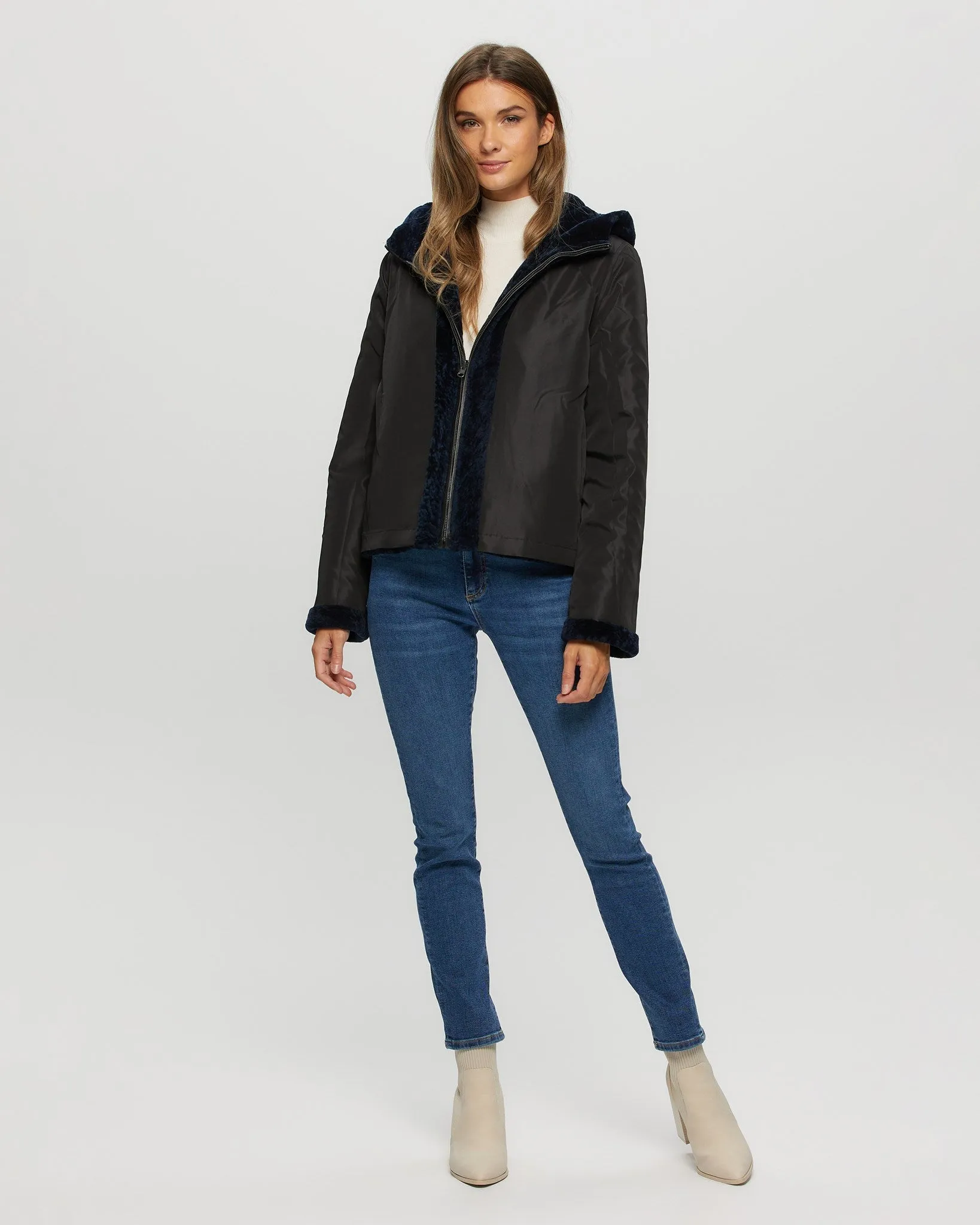 Textured Shearling Lamb Zip Parka Reversible To Taffeta