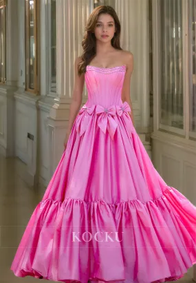 Tube Top A-Line Sleeveless Stripe Floor-Length Pleats Satin Bows Prom Dress with Beads Party Dress