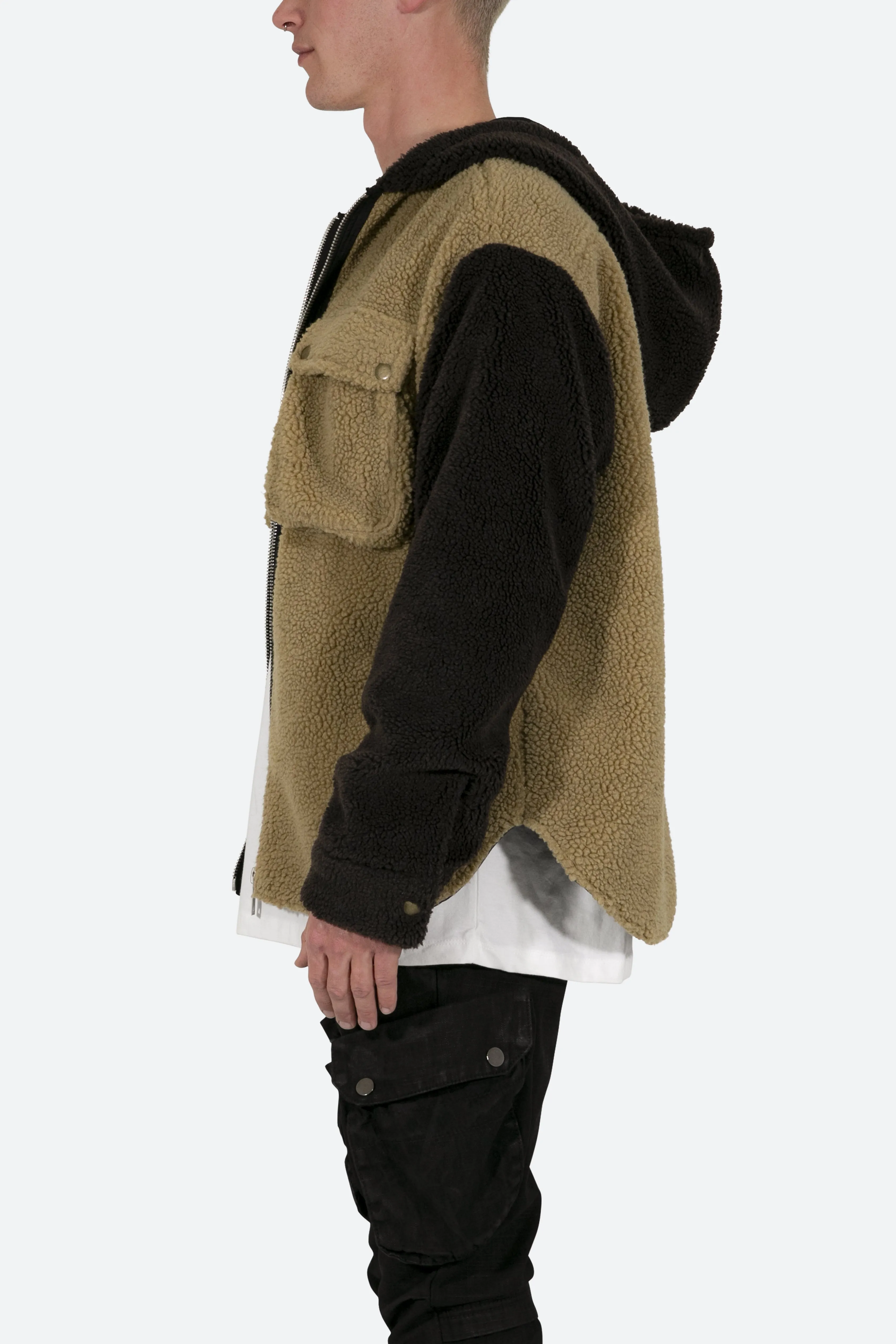 Two Tone Sherpa Zip Up Hoodie - Brown