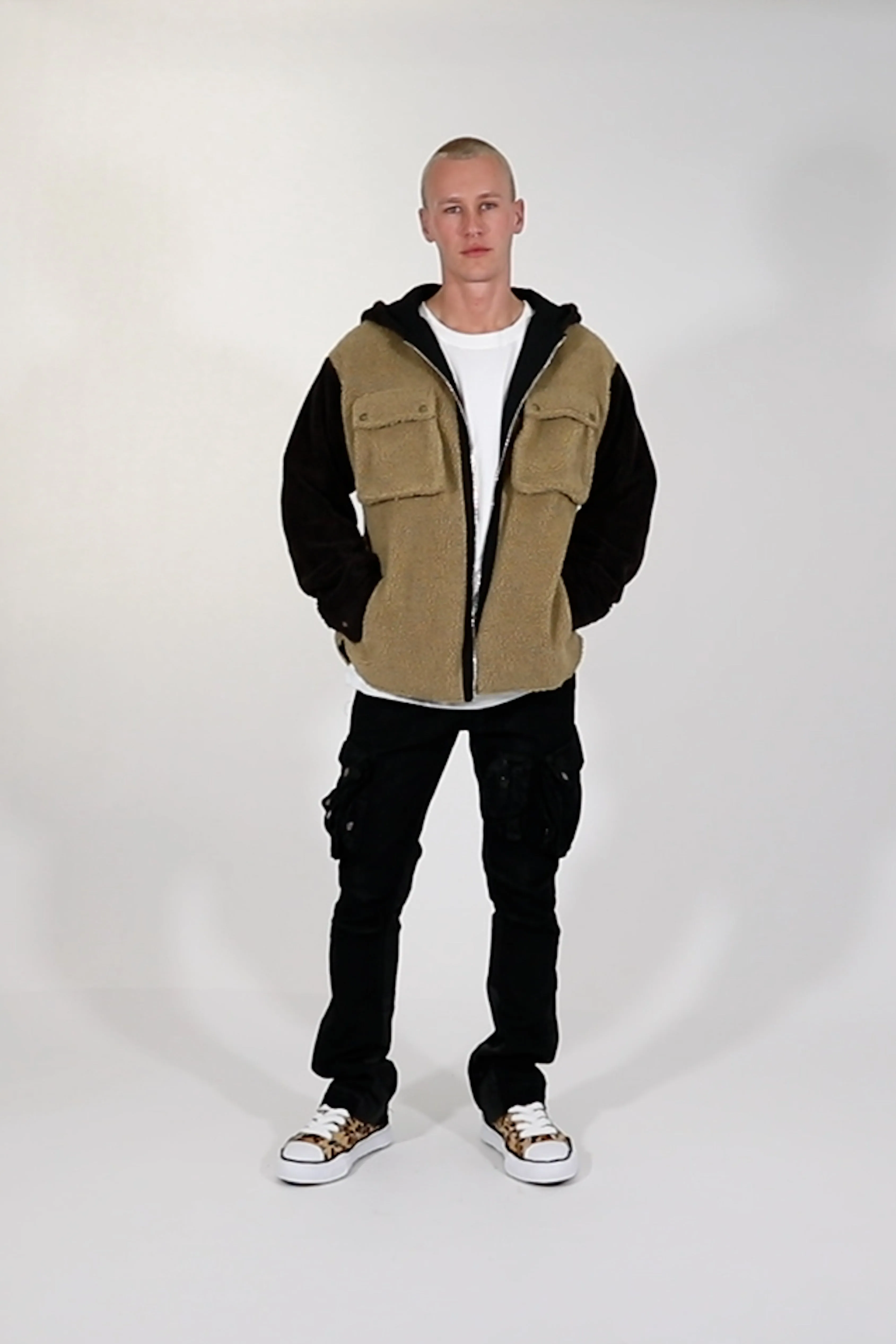 Two Tone Sherpa Zip Up Hoodie - Brown