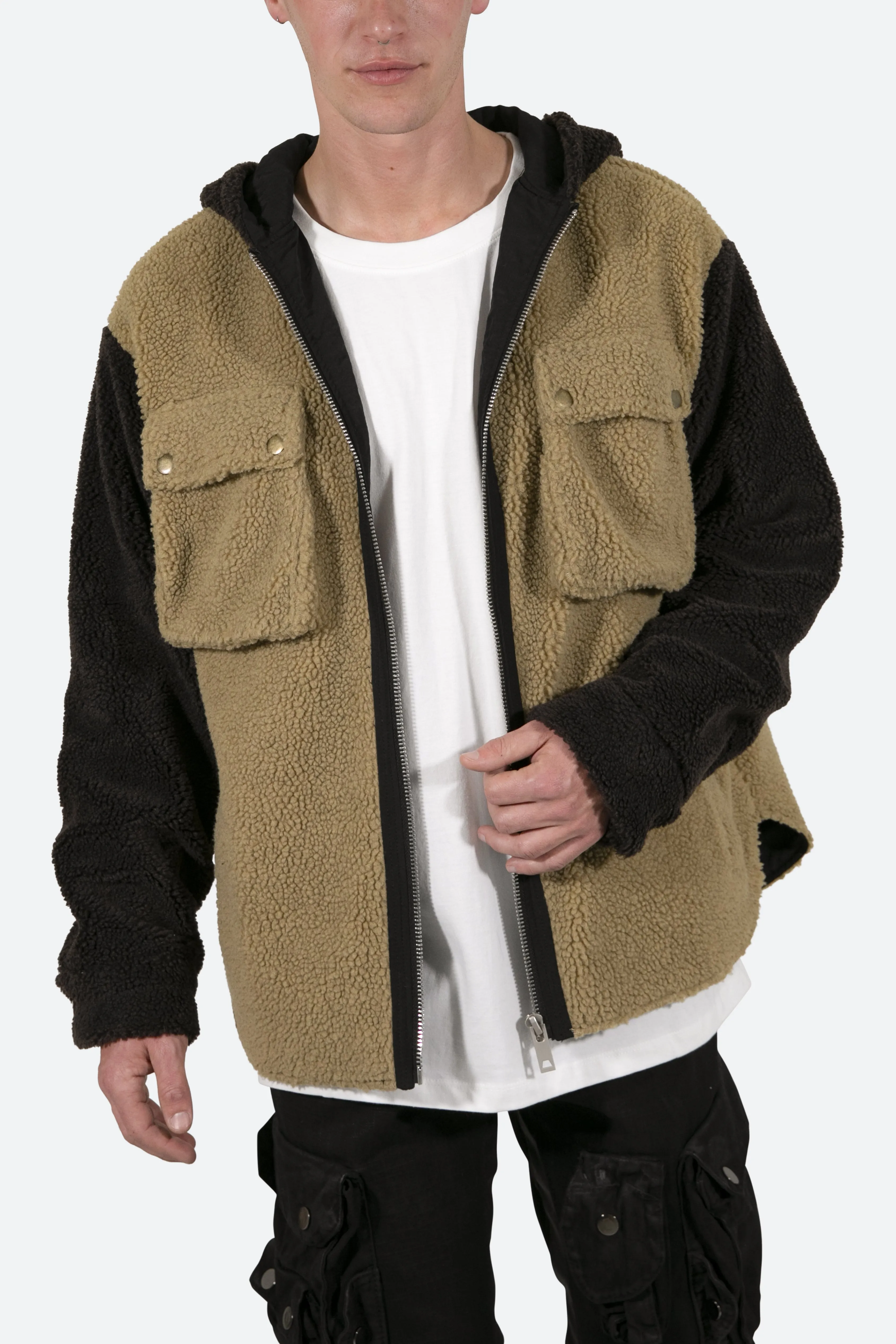 Two Tone Sherpa Zip Up Hoodie - Brown