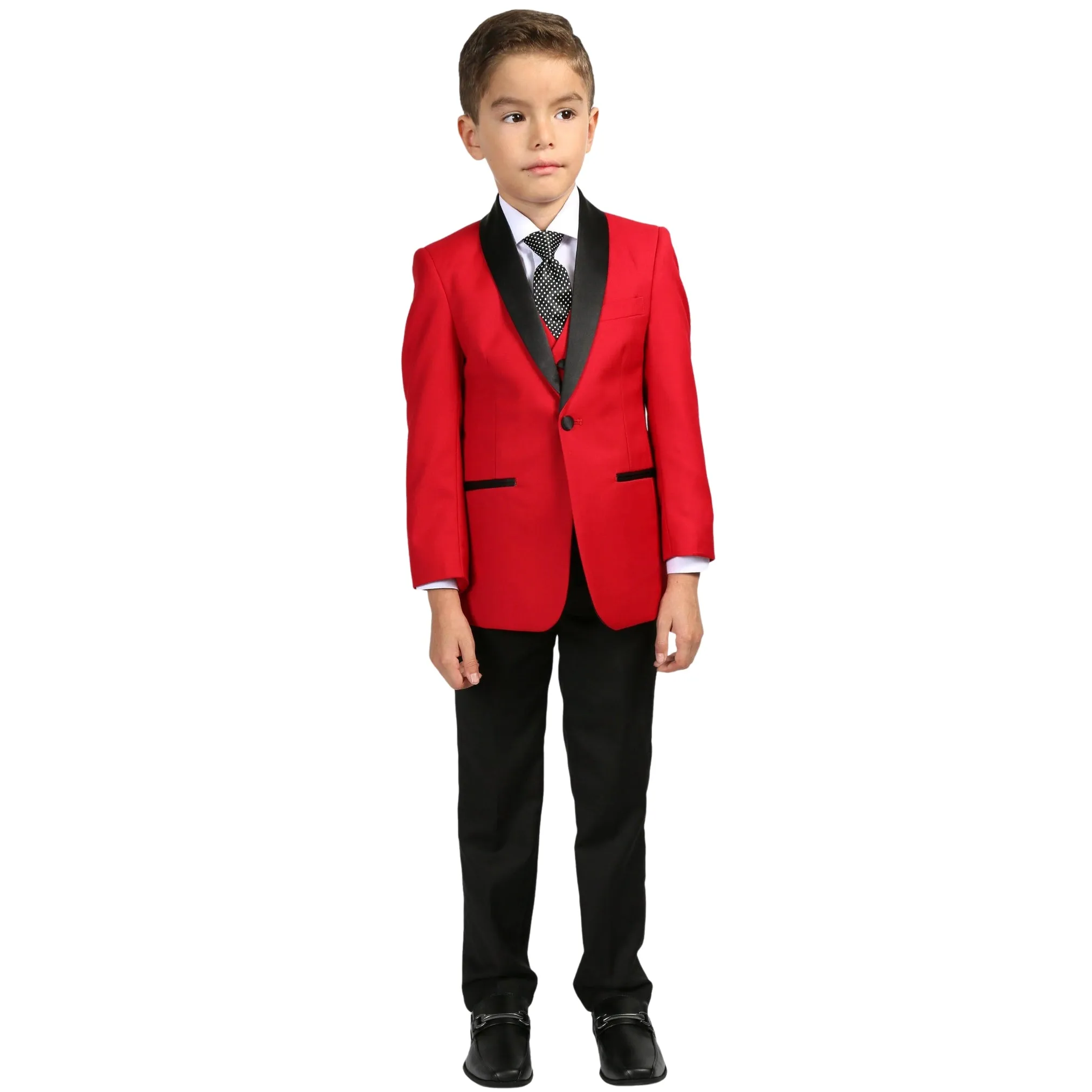 Ultimate Elegance: Boys Red/Black Shawl Collar Tuxedo for Dapper Occasions