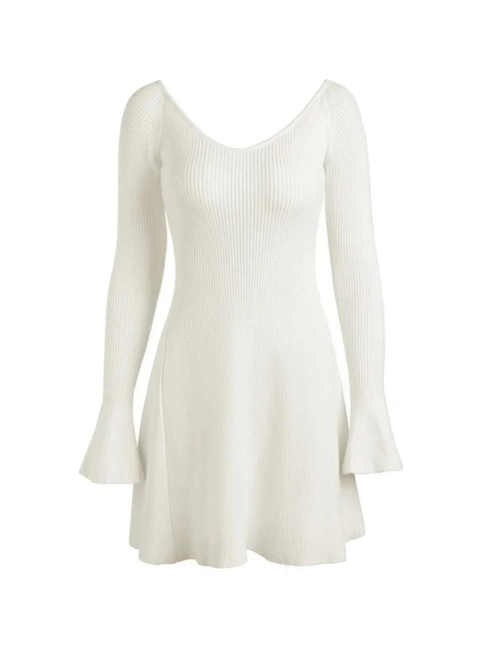 Uniwim Solid V Neck Ribbed A-line Knit Mini Dress