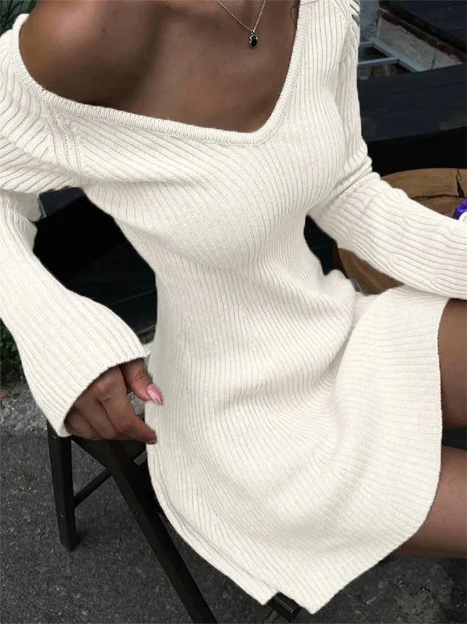 Uniwim Solid V Neck Ribbed A-line Knit Mini Dress