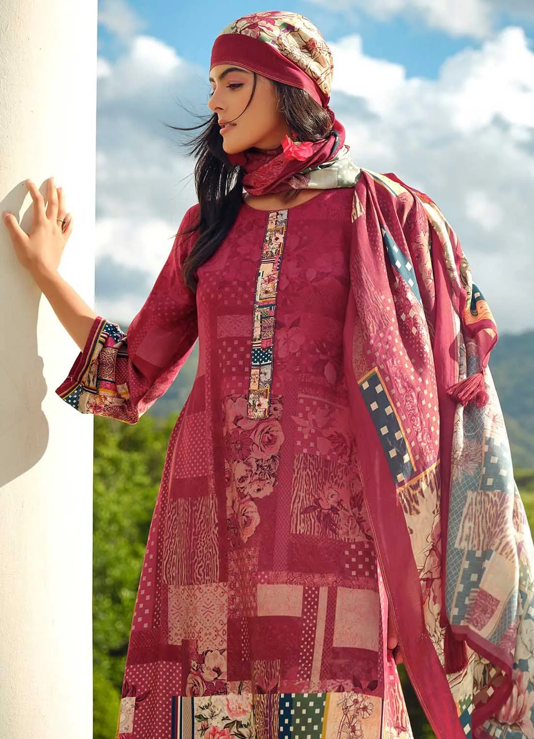 Unstitched Red Pashmina Winter Suit Dress Material for Women